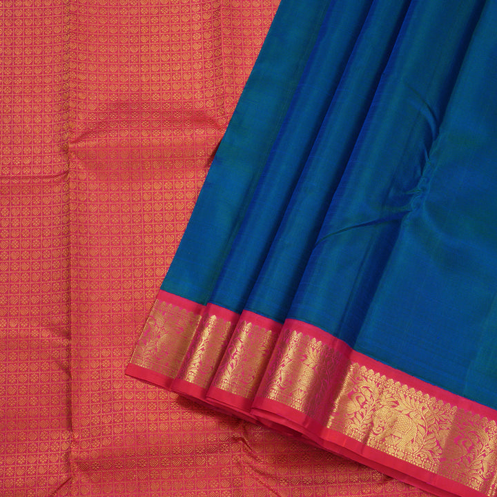 Hayagrivas Peacock Blue Handloom Kanjivaram Silk Saree with Reddish Pink Border BBD1235K6-3