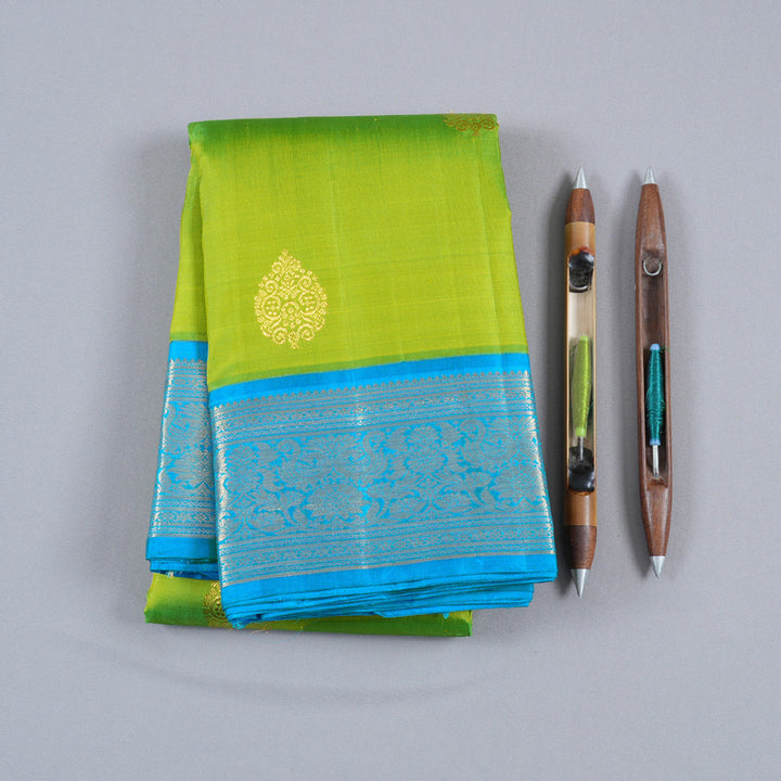 Hayagrivas Fluorescent Green Handloom Kanjivaram Silk Saree with Sky Blue Border BBD1236K1-3