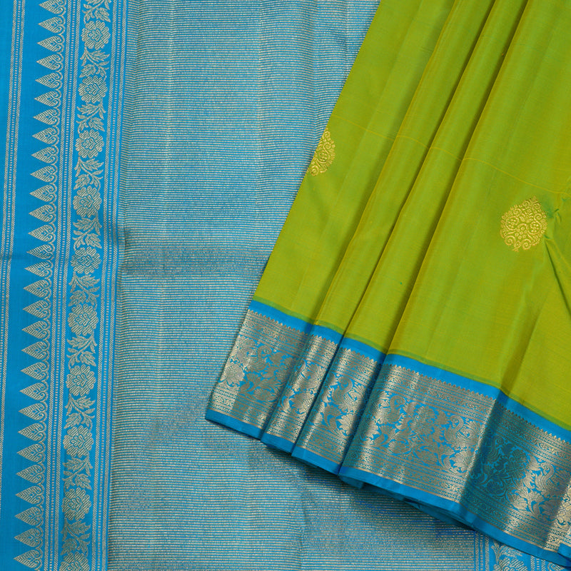 Hayagrivas Fluorescent Green Handloom Kanjivaram Silk Saree with Sky Blue Border BBD1236K1-3