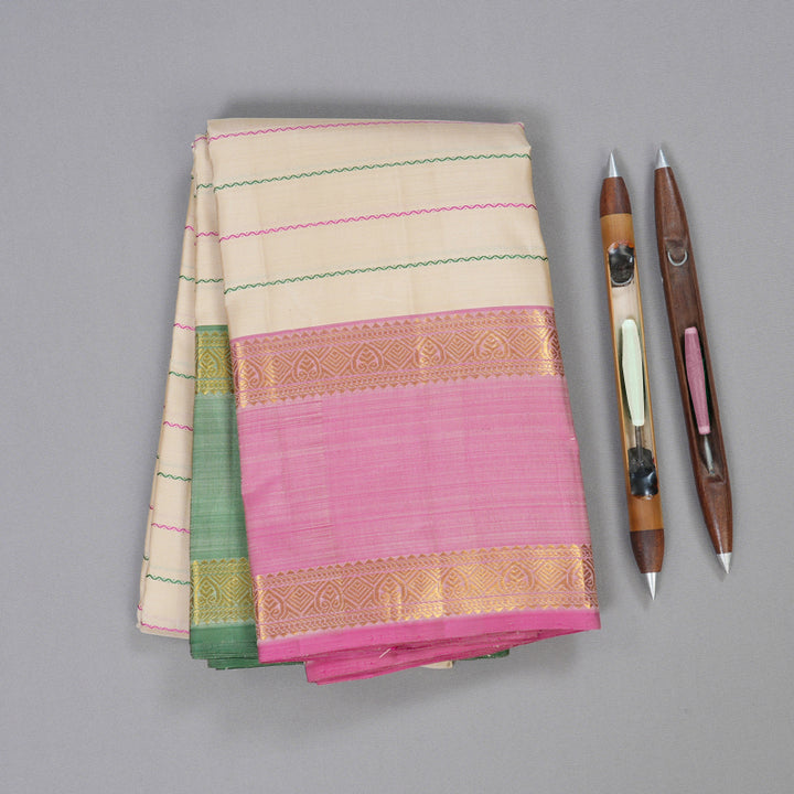 Hayagrivas  Beige Handloom Kanjivaram Silk Saree with Ganga Jamuna (Green And Baby Pink) Border BBD1238K28-2