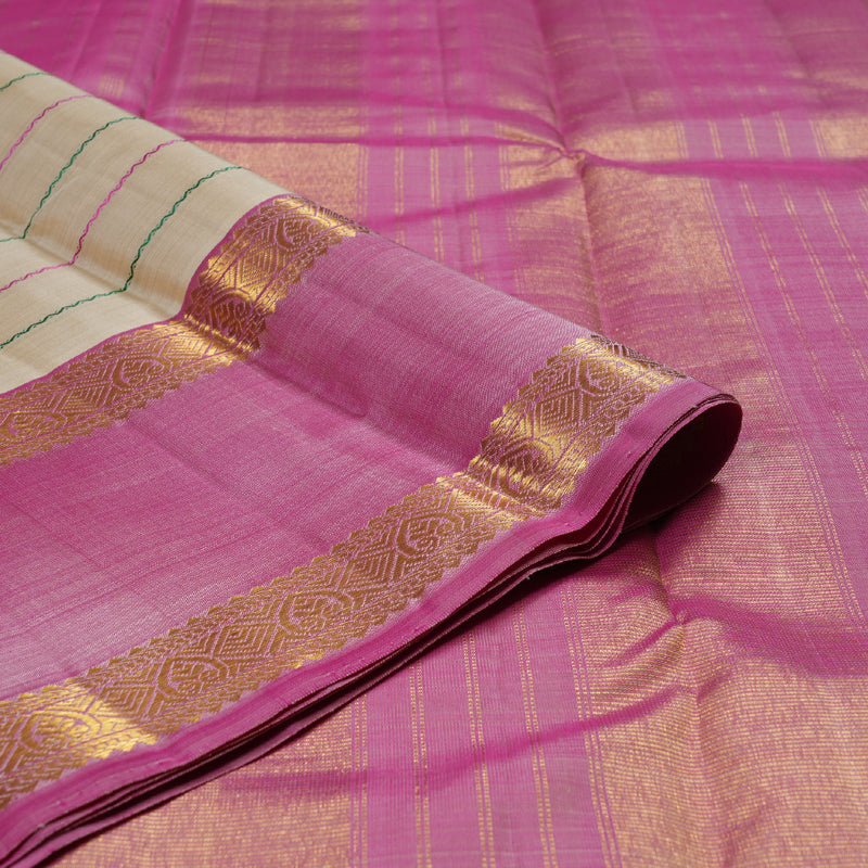 Hayagrivas  Beige Handloom Kanjivaram Silk Saree with Ganga Jamuna (Green And Baby Pink) Border BBD1238K28-2