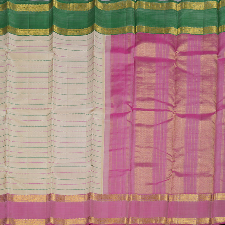 Hayagrivas  Beige Handloom Kanjivaram Silk Saree with Ganga Jamuna (Green And Baby Pink) Border BBD1238K28-2