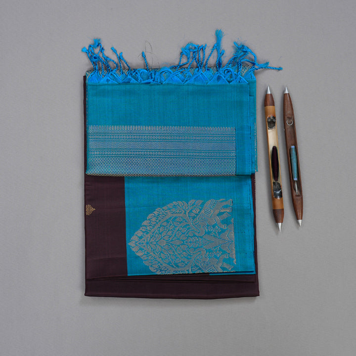 Hayagrivas Dark Brown Handloom Soft Silk Saree with Dark Sky Blue Border BBD1243K5-1