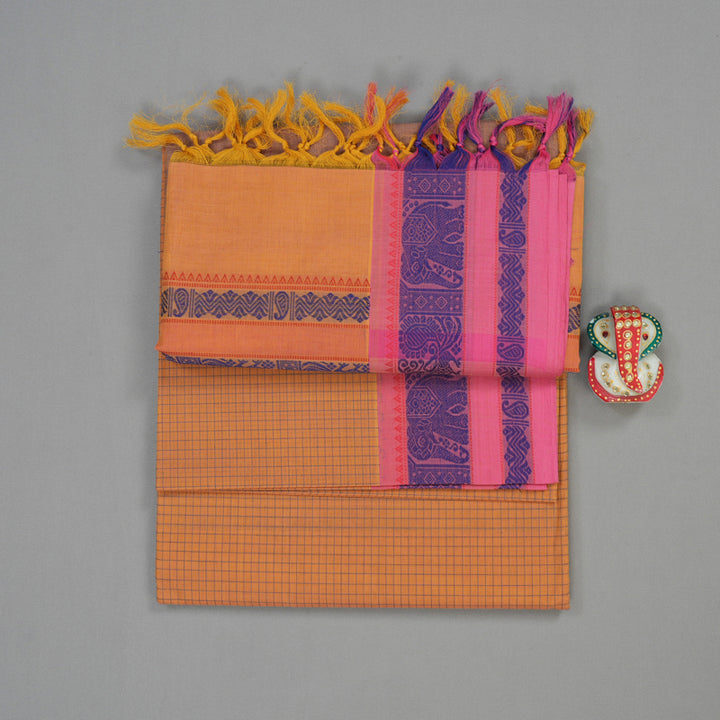 Hayagrivas Handloom Pure Cotton Saree in Ebullient Mustard Yellow checked BBD1248K11-1