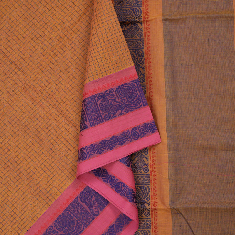 Hayagrivas Handloom Pure Cotton Saree in Ebullient Mustard Yellow checked BBD1248K11-1