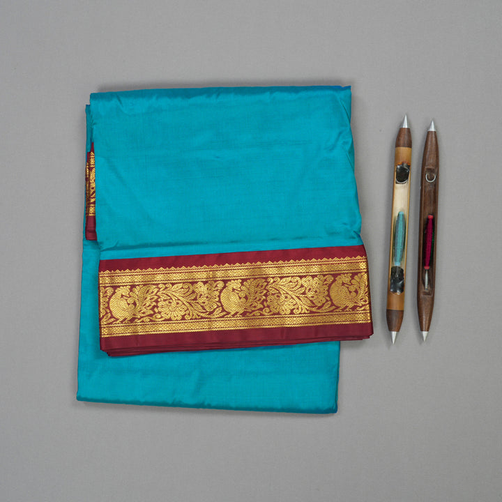 Hayagrivas Handloom Kanjivaram Ten Yards silk saree in sea blue with maroon BBD1252K3-2