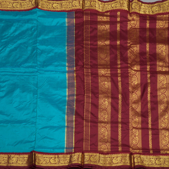 Hayagrivas Handloom Kanjivaram Ten Yards silk saree in sea blue with maroon BBD1252K3-2
