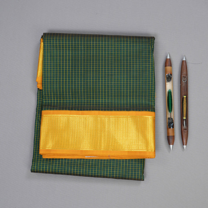 Hayagrivas Bottle Green Handloom Kanjivaram Ten Yard Silk Saree with Mustard Yellow Border BBD1256K8-1