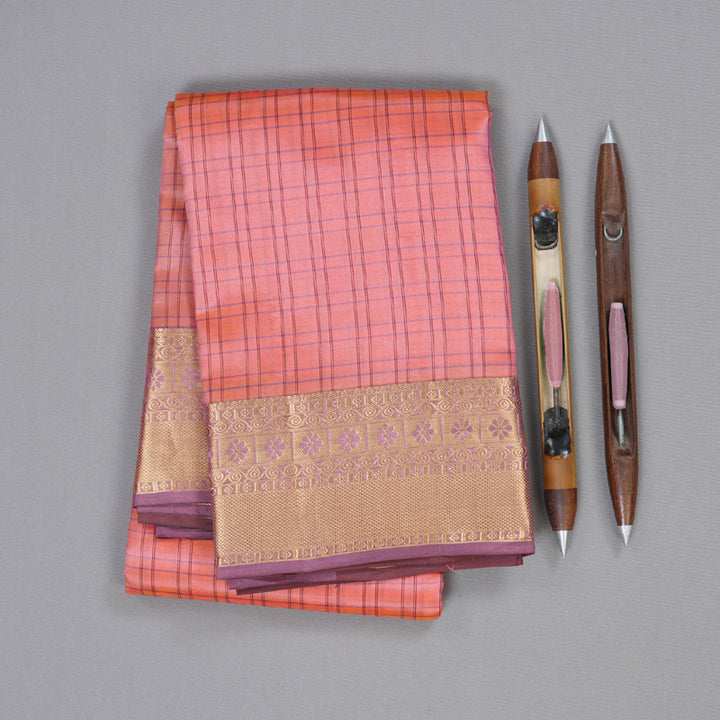 Hayagrivas Peach Pink Handloom Kanjivaram Silk Saree with Rosewood Pink Border BBD1257K2-1