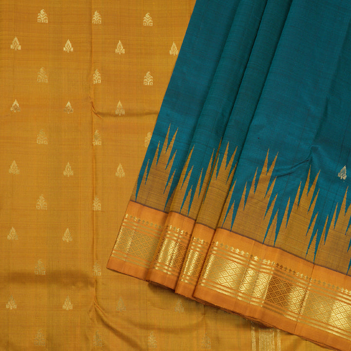 Hayagrivas Peacock Green Handloom Kanjivaram Silk Saree with Mustard Border BBD1258K1-18