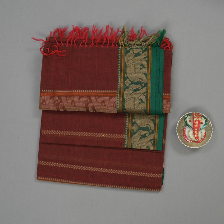 Hayagrivas Maroon Pure Silk Cotton Saree with Green Border BBD1268K8-4