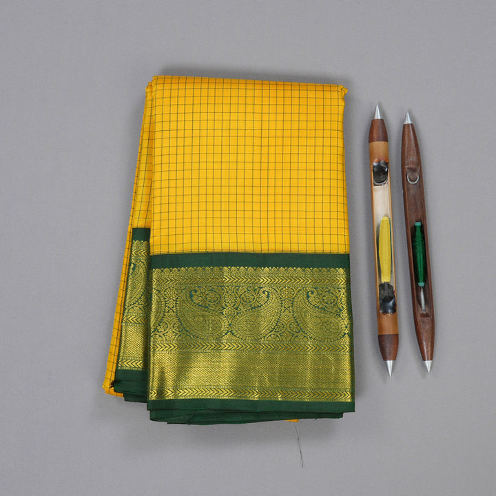 Hayagrivas Yellow Handloom Kanjivaram Silk Saree with Bottle Green Border BBD126D11-1