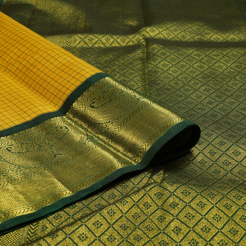 Hayagrivas Yellow Handloom Kanjivaram Silk Saree with Bottle Green Border BBD126D11-1