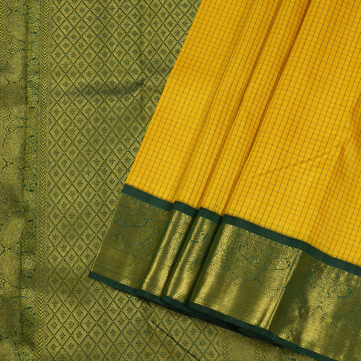 Hayagrivas Yellow Handloom Kanjivaram Silk Saree with Bottle Green Border BBD126D11-1