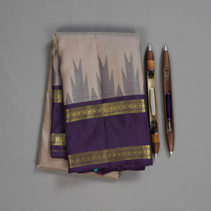 Hayagrivas Soft Beige Handloom Kanjivaram Silk Saree with Retta Pet Blue Border BBD1273K1-7