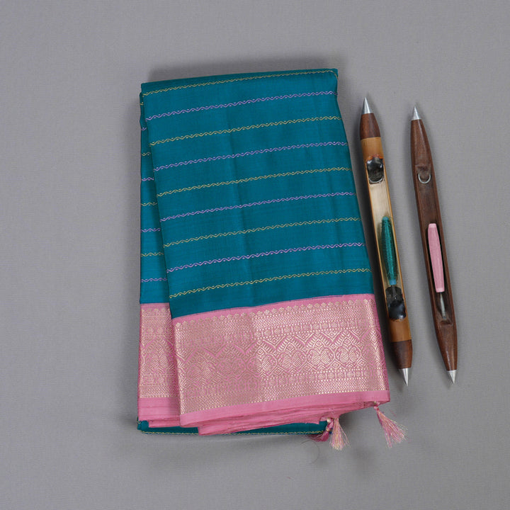 Hayagrivas Dark Sky Blue Handloom Kanjivaram Silk Saree with Rose Pink Border BBD1277K1-1