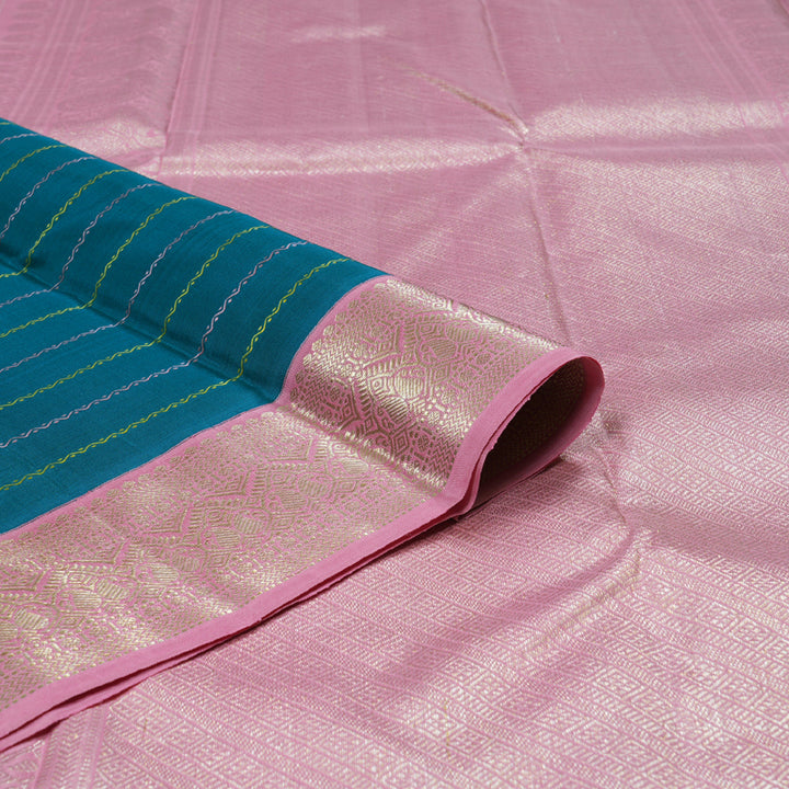 Hayagrivas Dark Sky Blue Handloom Kanjivaram Silk Saree with Rose Pink Border BBD1277K1-1