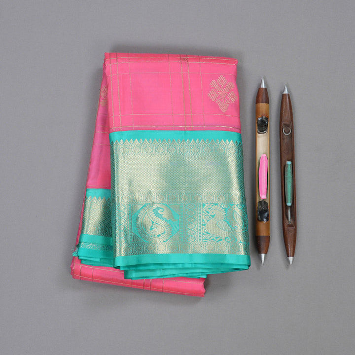 Hayagrivas Rose Pink Handloom Kanjivaram Silk Saree with Sea Blue Border BBD1283K2-1