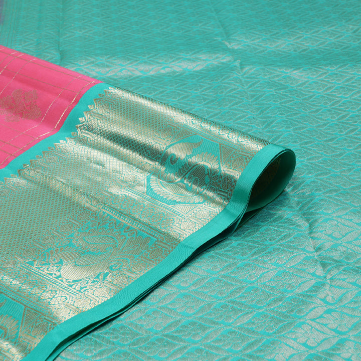 Hayagrivas Rose Pink Handloom Kanjivaram Silk Saree with Sea Blue Border BBD1283K2-1