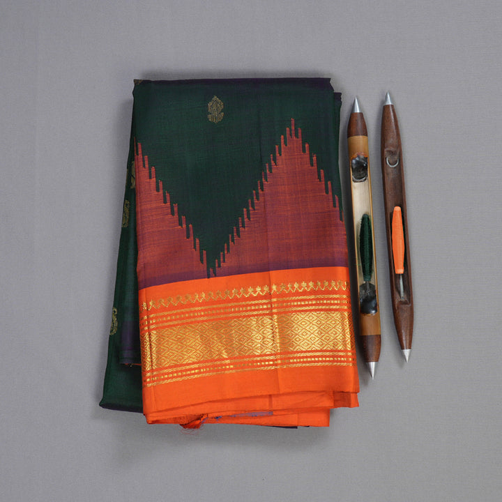 Hayagrivas Peacock Green Handloom Kanjivaram Silk Saree with Orange Border BBD1286K1-4