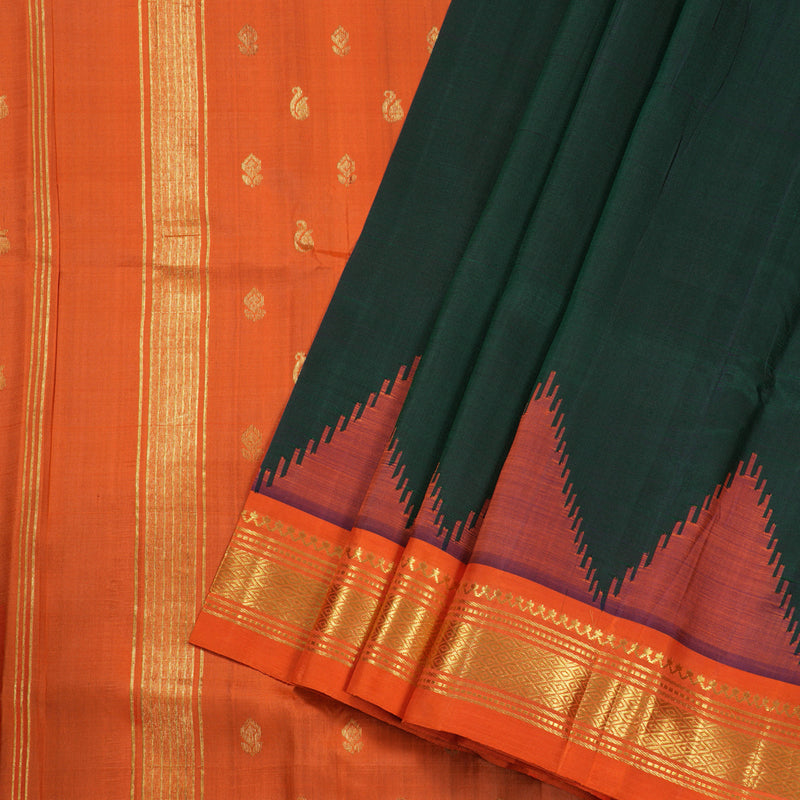 Hayagrivas Peacock Green Handloom Kanjivaram Silk Saree with Orange Border BBD1286K1-4