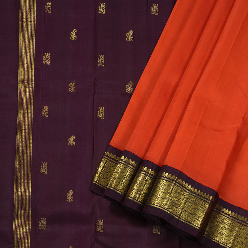 Hayagrivas Orange Handloom Kanjivaram Silk Saree with Plum Purple Border BBD1286K3-13