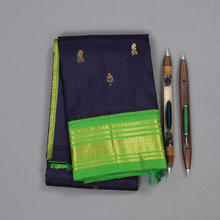 Hayagrivas Exquisite Dark Blue Handloom Kanjivaram Silk Saree with Light Green Border BBD1286K3-35