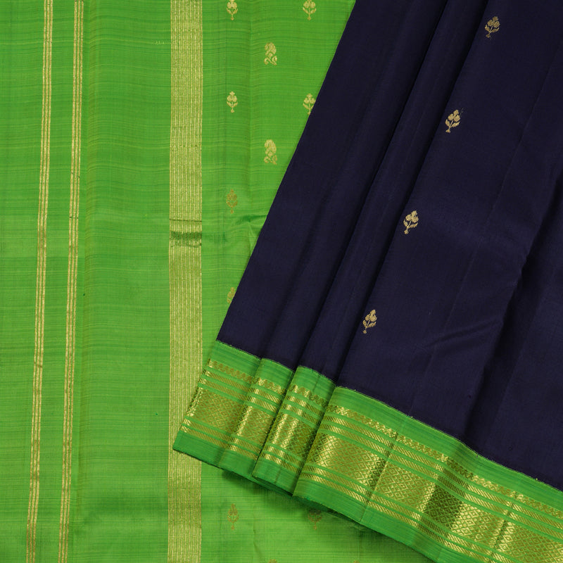 Hayagrivas Exquisite Dark Blue Handloom Kanjivaram Silk Saree with Light Green Border BBD1286K3-35