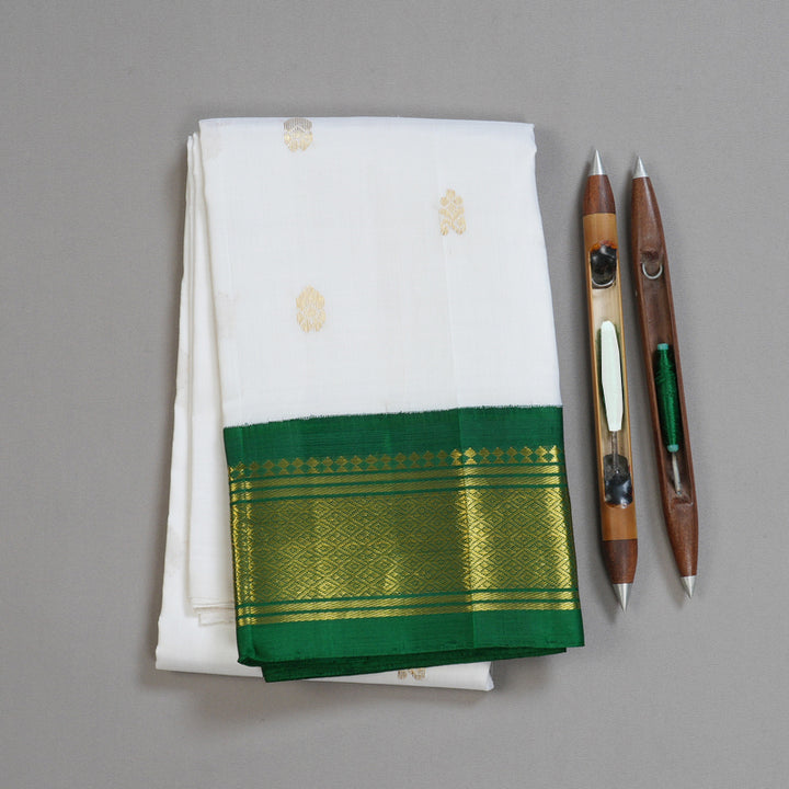 Hayagrivas White Handloom Kanjivaram Silk Saree with Bottle Green Border BBD1286K3-40
