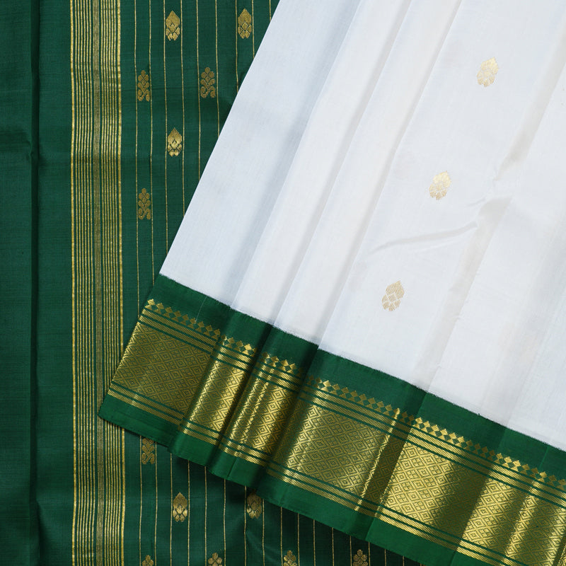 Hayagrivas White Handloom Kanjivaram Silk Saree with Bottle Green Border BBD1286K3-40