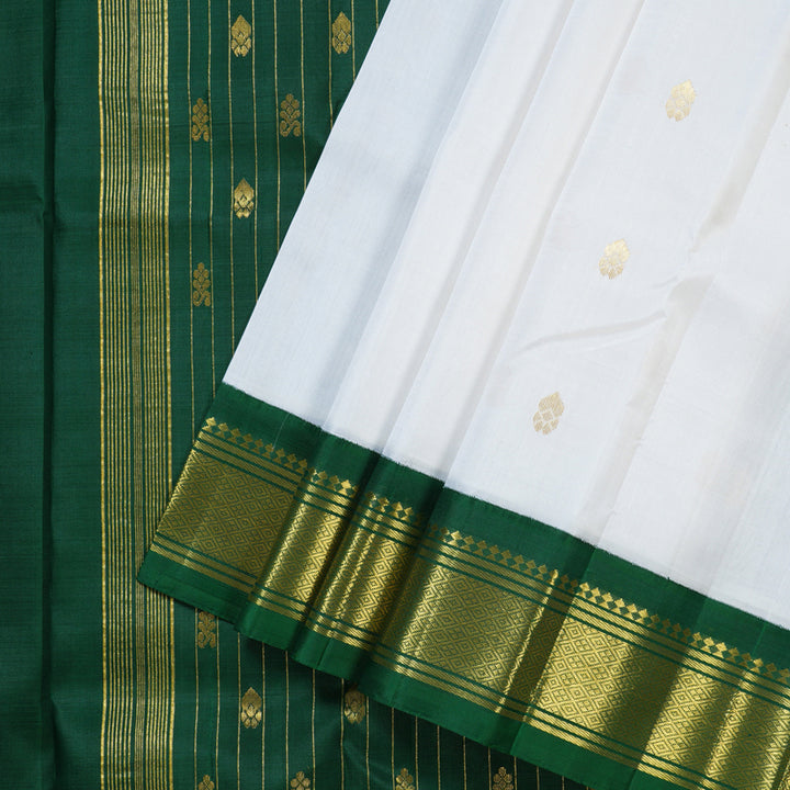 Hayagrivas White Handloom Kanjivaram Silk Saree with Bottle Green Border BBD1286K3-40