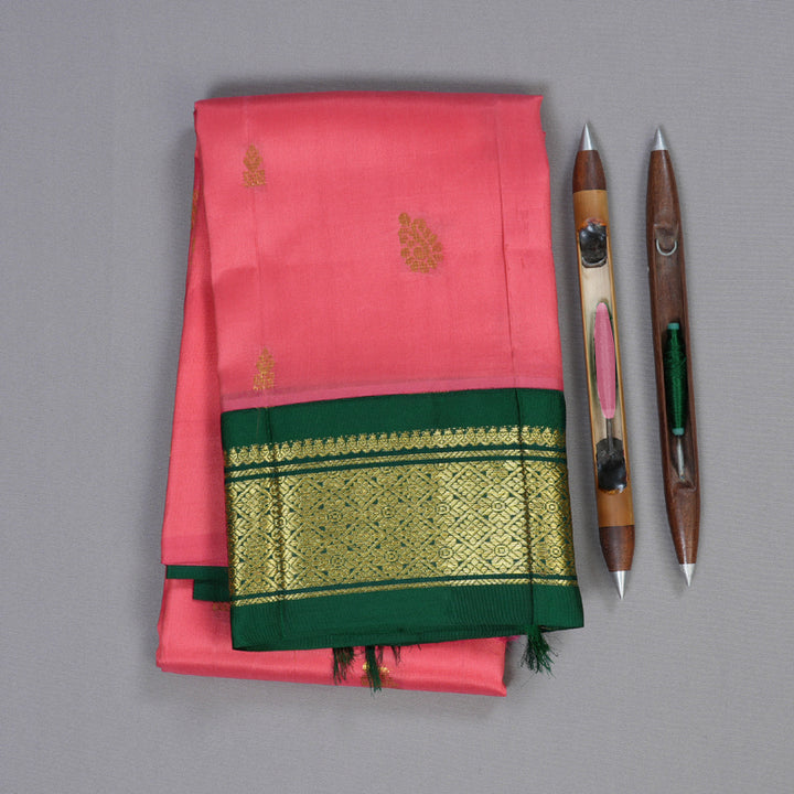 Hayagrivas Peach Pink Handloom Kanjivaram Silk Saree with Bottle Green Border BBD1286K3-42