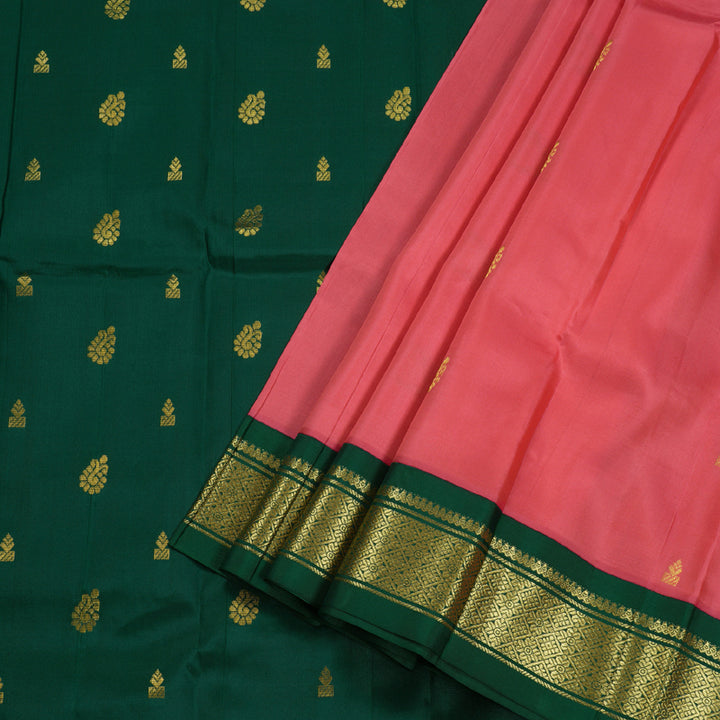 Hayagrivas Peach Pink Handloom Kanjivaram Silk Saree with Bottle Green Border BBD1286K3-42