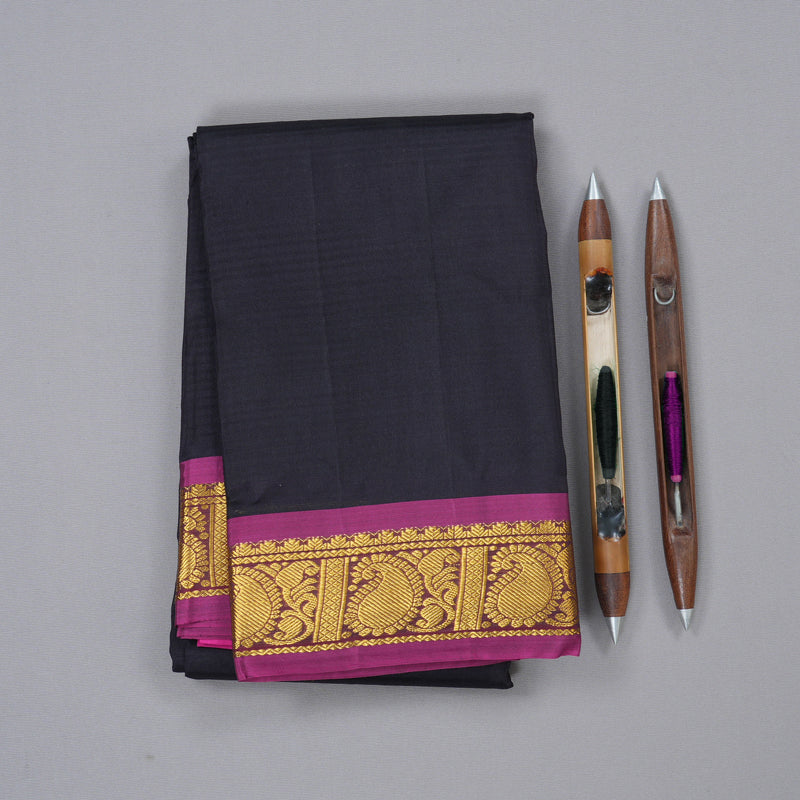 Hayagrivas Stunning Black Handloom Kanjivaram Silk Saree with Purple Border BBD1291L1-13