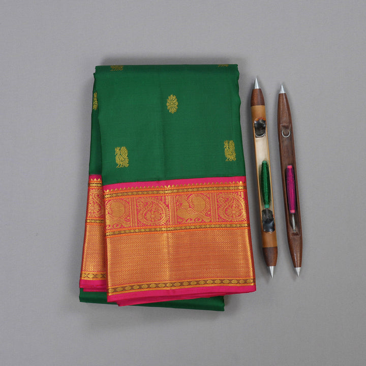 Hayagrivas Bottle Green Handloom Kanjivaram Silk Saree with Reddish Pink Border BBD1294L6-3