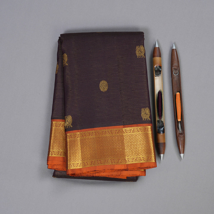 Hayagrivas Dark Brown Handloom Kanjivaram Silk Saree with Burnt Orange Border BBD1298L7-1