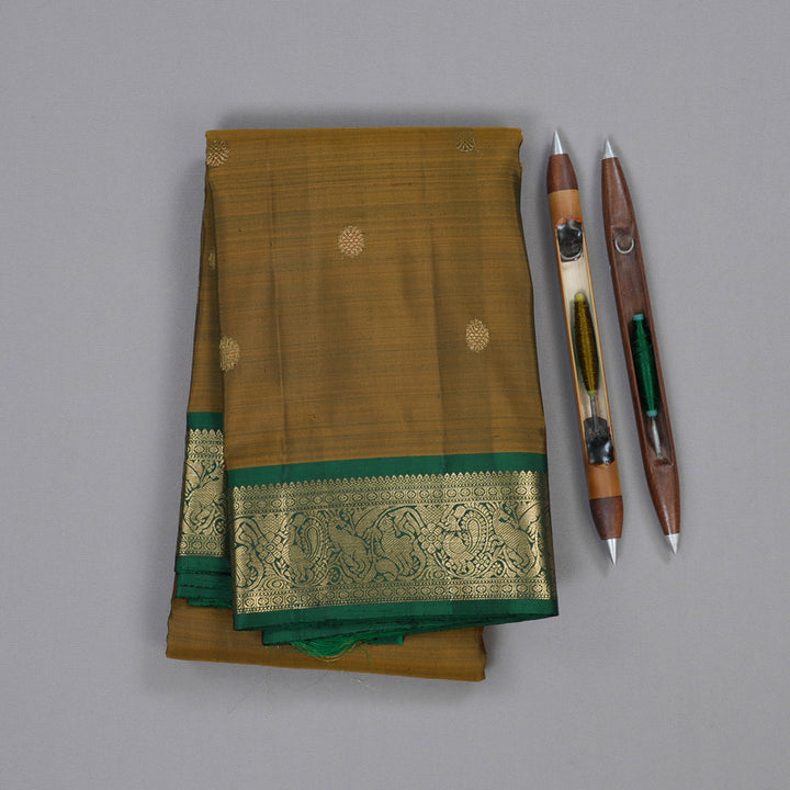 Hayagrivas Honey Mustard Handloom Kanjivaram Silk Saree with Dark Green Border BBD1299L10-1