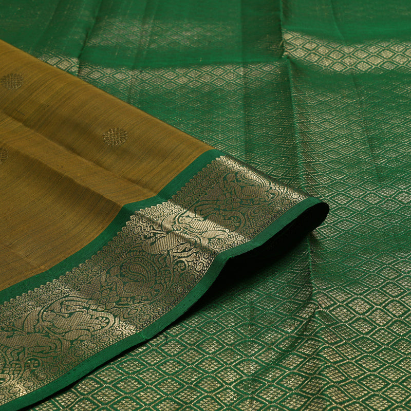 Hayagrivas Honey Mustard Handloom Kanjivaram Silk Saree with Dark Green Border BBD1299L10-1