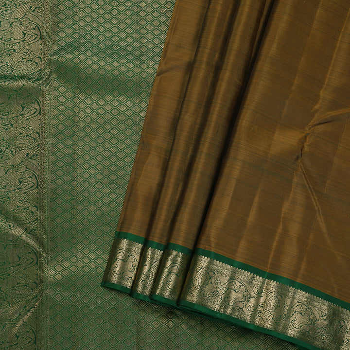 Hayagrivas Honey Mustard Handloom Kanjivaram Silk Saree with Dark Green Border BBD1299L10-1