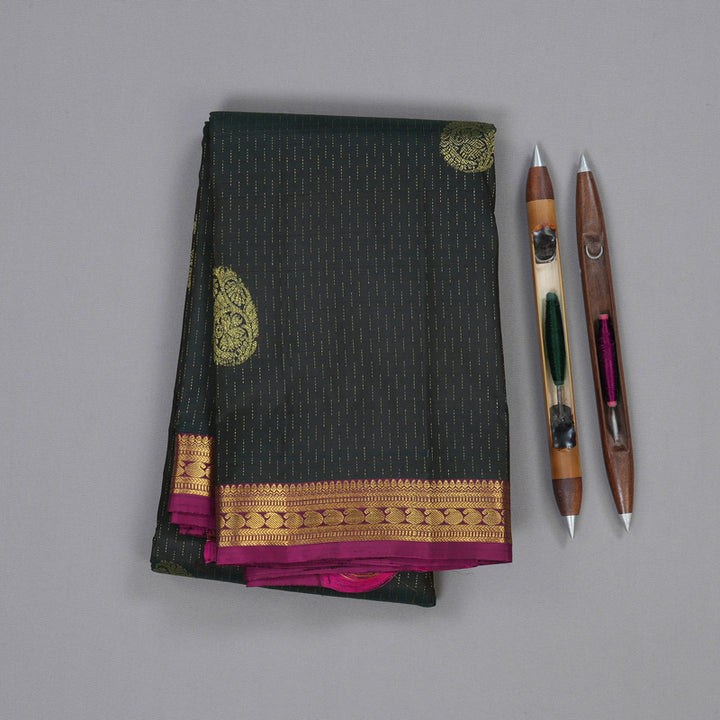 Hayagrivas Dark Green Handloom Kanjivaram Silk Saree with Purple Border BBD1299L16-1