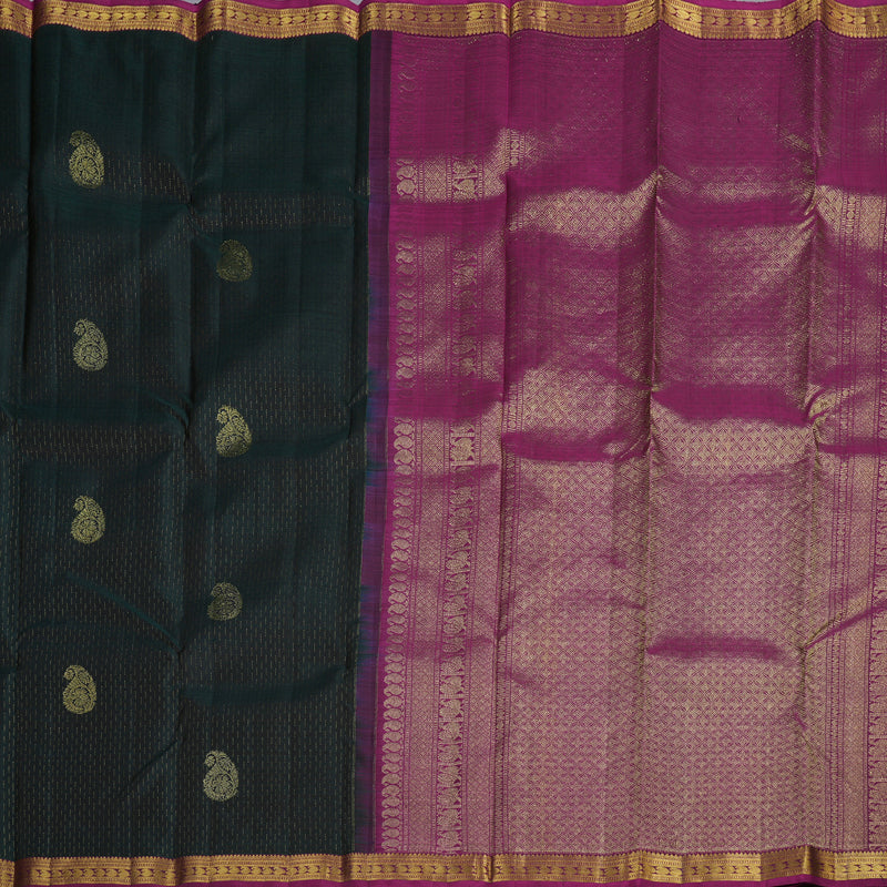 Hayagrivas Dark Green Handloom Kanjivaram Silk Saree with Purple Border BBD1299L16-1