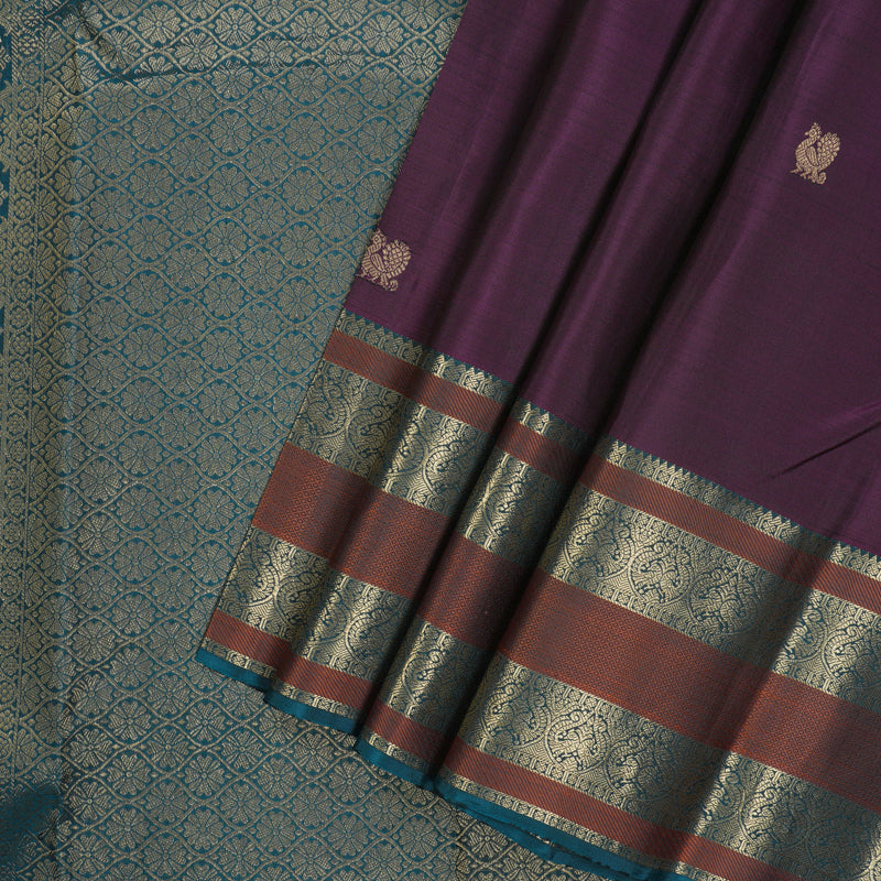 Hayagrivas Handloom Deep Violet Kanjivaram Silk Saree with Deep Teal Border BBD1299L4-2