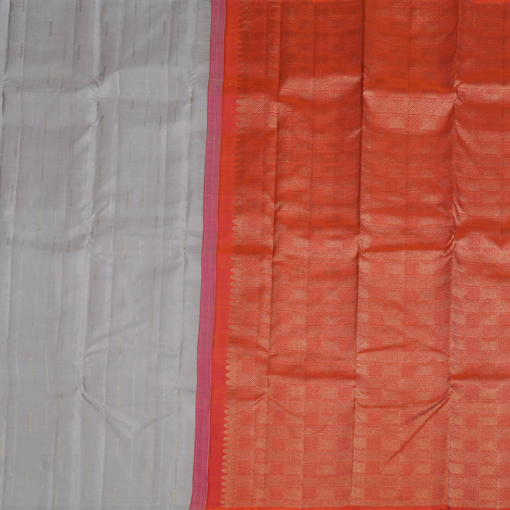 Hayagrivas Silver Grey Handloom Kanjivaram Silk Saree with Orangish Pink Border BBD1299L8-2