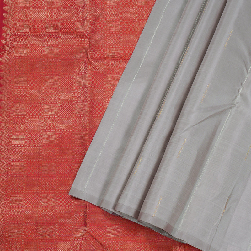 Hayagrivas Silver Grey Handloom Kanjivaram Silk Saree with Orangish Pink Border BBD1299L8-2