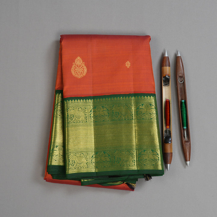Hayagrivas Burnt Orange Handloom Kanjivaram Silk Saree with Bottle Green Border BBD129D4-1