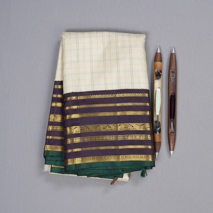 Hayagrivas Half White Handloom Kanjivaram Silk Saree with Dark Plum Purple Border BBD12D16-1