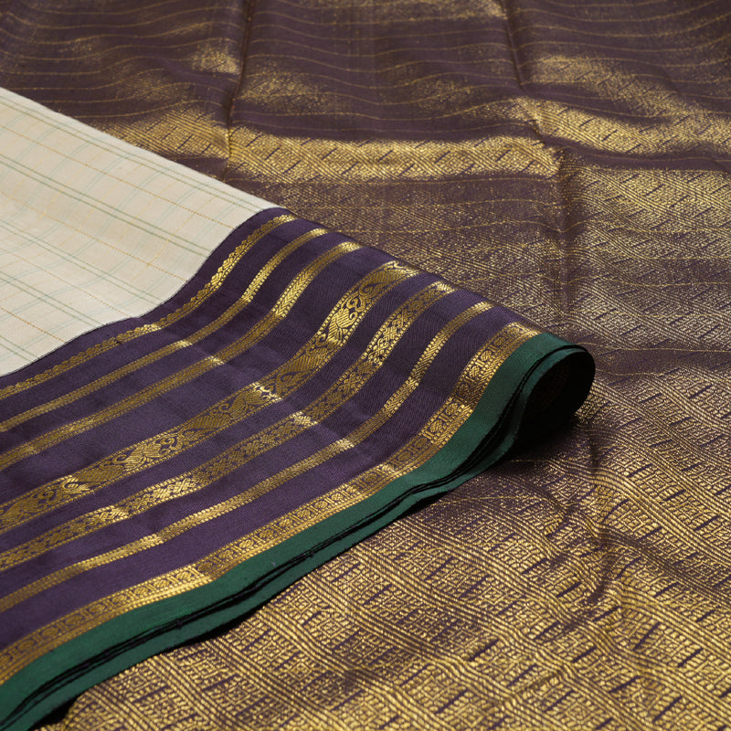 Hayagrivas Half White Handloom Kanjivaram Silk Saree with Dark Plum Purple Border BBD12D16-1