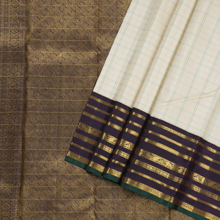 Hayagrivas Half White Handloom Kanjivaram Silk Saree with Dark Plum Purple Border BBD12D16-1