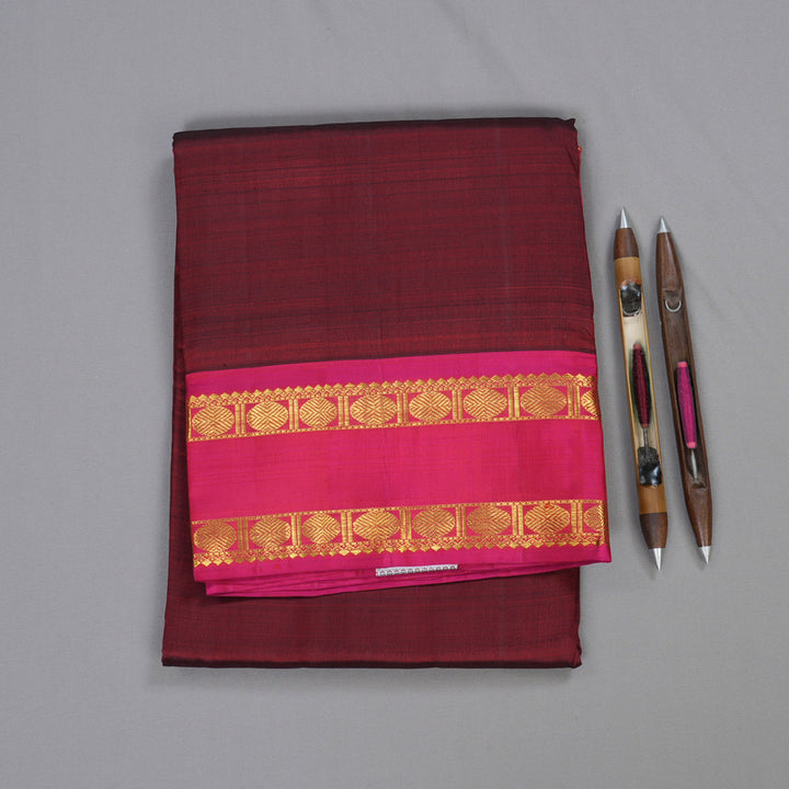 Hayagrivas Wine Maroon Handloom Ten Yards Kanjivaram Silk Saree with Orangish Pink Border BBD1301L1-5