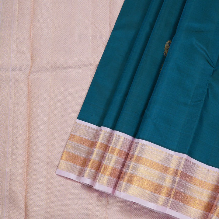 Hayagrivas Dark Sky Blue Handloom Kanjivaram Silk Saree with Baby Pink Border BBD1306L2-1